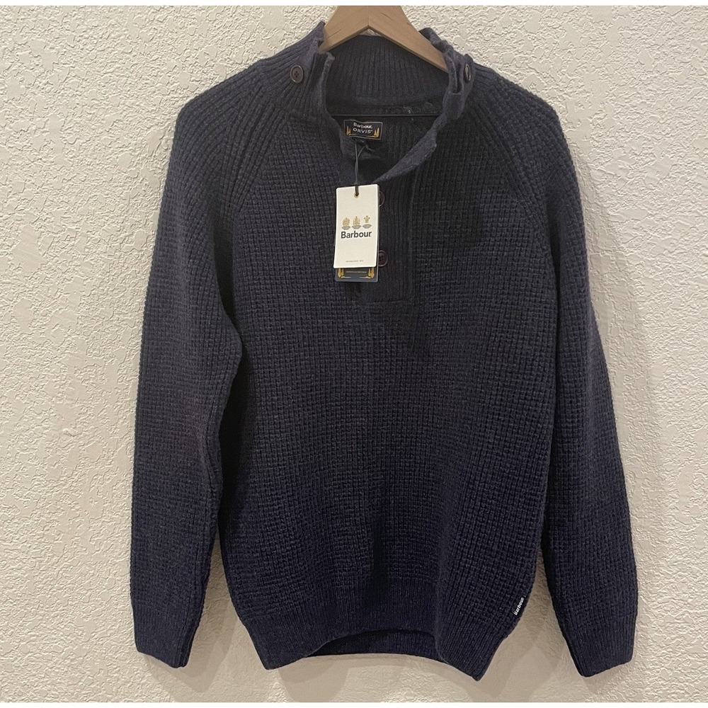Barbour Rossfell Navy Half Button Wool Fisherman Jumper Sweater Elbow Patch M